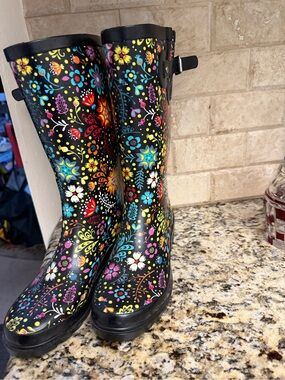 Western Chief Black Floral Rain Boots with Bright Multicolor Print